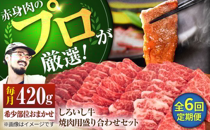 
                  【牧場直送】【6回定期便】佐賀県産しろいし牛 焼肉用 盛り合わせ セット（希少部位）各回420g 【佐賀セントラル牧場】佐賀県産 肉 お肉 牛肉 焼き肉 BBQ バーベキュー モモ カタ 肩 バラ 国産 焼肉 九州 佐賀県 白石町  白石 [IAH024]
                