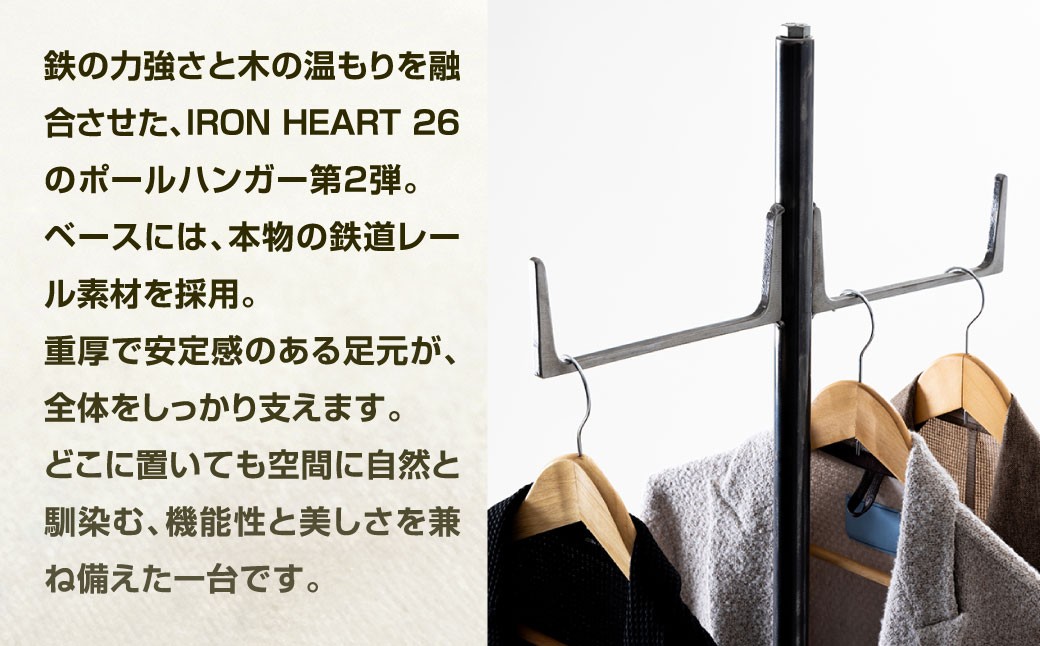 魅せて、掛ける。レール使用ポールハンガー 2 艶消しクリア（鉄の色）×ウォルナット