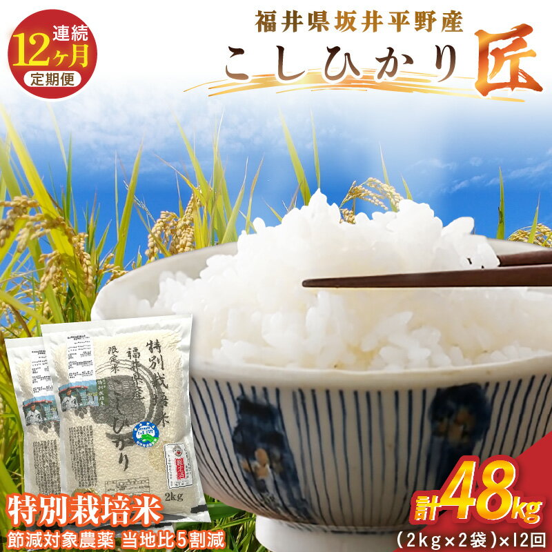 【ふるさと納税】【12ヶ月連続お届け】令和7年産 特別栽培米 コシヒカリ匠 4kg（2kg×2袋）×12回 計48kg　節減対象農薬当地比5割減【選べる精米方法：白米 / 玄米】【米 コメ お米 コシヒカリふるさと納税米 ブランド米 国産】
