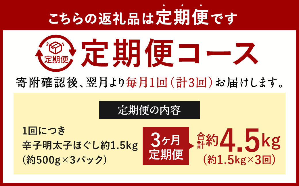 【3ヶ月定期便】辛子明太子ほぐし 約1.5kg 総重量約4.5kg 明太子 辛子明太子 めんたいこ ほぐし 海鮮 魚介類 魚卵 おつまみ ご飯のお供 定期便 冷凍 九州 福岡県 北九州市