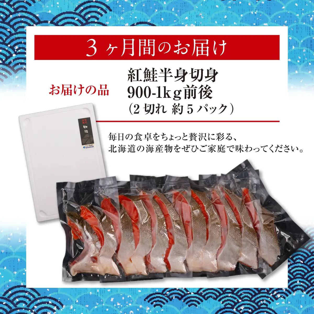 定期便 全3回 天然紅鮭半身切身（2切れ×約5パック）網走加工 ABB198