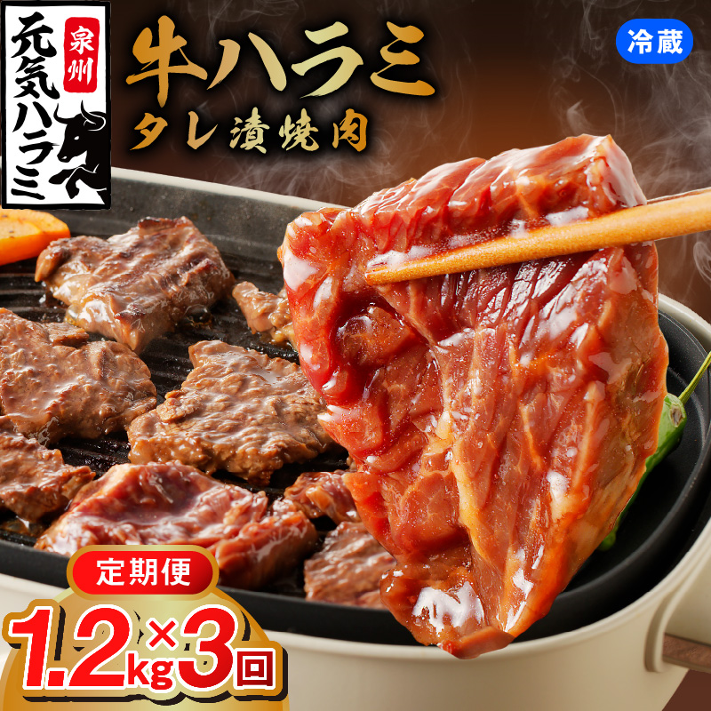 【冷蔵配送】牛ハラミ肉 1.2kg×全3回【毎月配送コース お楽しみ 焼肉 ていきびん 小分け 味付け 焼くだけ 小分け BBQ やきにく 数量限定】