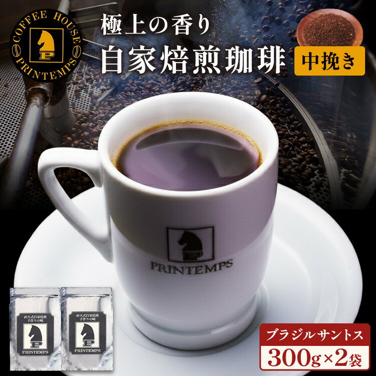 【ふるさと納税】《プランタン珈琲商会 自家焙煎レギュラーコーヒー》 ブラジルサントス 300g×2袋入り(中挽き) 当社で焙煎仕立てのコーヒー豆をお届け！ ｜ コーヒー豆 珈琲 コーヒー 珈琲豆 豆 コーヒー豆300g 珈琲セット 中挽き ギフト 敬老の日 クリスマス [1641]