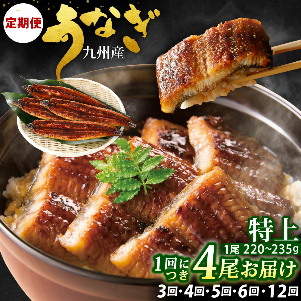 【ふるさと納税】【定期便】九州産 うなぎ 蒲焼 特上 4尾 (1尾あたり220～235g) 《選べる定期回数》【3ヶ月定期便】【4ヶ月定期便】【5ヶ月定期便】【6ヶ月定期便】【12ヶ月定期便】たれ 山椒 鰻 ウナギ 蒲焼き 国産 冷凍 送料無料 鹿児島、宮崎、熊本等産うなぎ原料使用