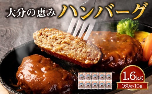 【A05067】大分の恵みハンバーグ約1.6kg（約160g×10個） 大分の恵み ハンバーグ 合挽肉 レンジ 簡単調理 冷凍 短時間 厳選 肉料理 お弁当 A05067