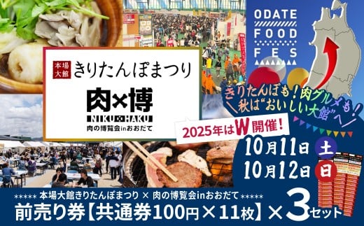 本場大館きりたんぽまつり、肉の博覧会inおおだて　前売り券　100円×11枚（1100円）3冊 50P8411 / ふるさと納税 東北 秋田 大館 秋田県 大館市 あきた おおだて きりたんぽ キリタンポ  きりたんぽ鍋 キリタンポ鍋 きりたんぽまつり きりたんぽ祭 キリタンポ祭 郷土鍋 鍋物 鍋 鶏肉 チケット 比内地鶏 比内鶏 郷土 料理 ひないじどり ヒナイジドリ ヒナイドリ ひないどり