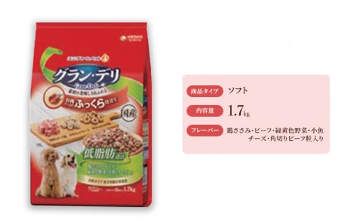 
グラン・デリ ふっくら仕立て 低脂肪 鶏ささみ・ビーフ・緑黄色野菜・小魚・チーズ・角切りビーフ粒入り 1.7kg×4袋 [№5275-0458]
