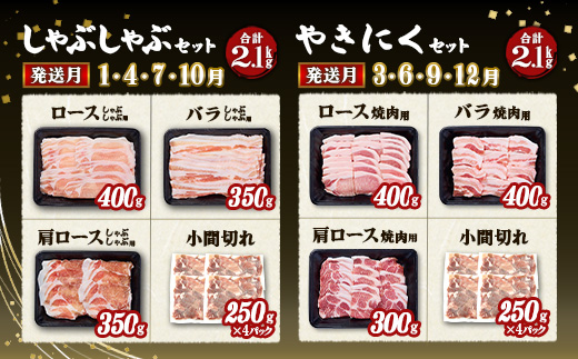 【3ヶ月定期便】宮崎県産 いもこ豚 月替わり定期便 6.36kg 3回 毎月 お楽しみ 満喫 満足 堪能 セット しゃぶしゃぶ 切り落とし 小分け 真空パック 豚 豚バラ ロース 肩ロース スライス 