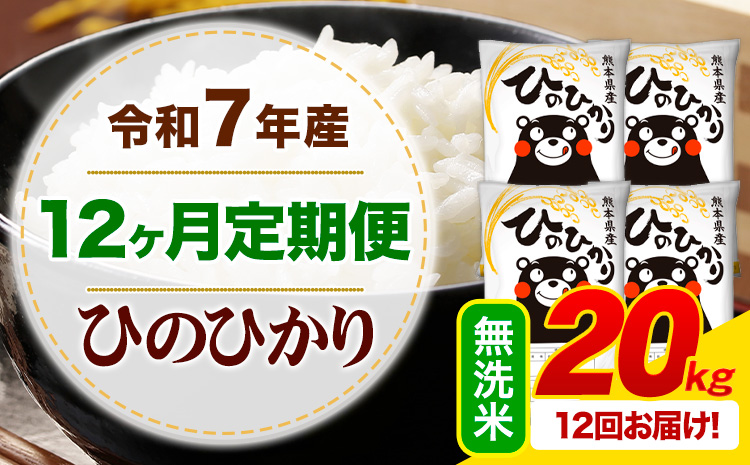 【12ヶ月定期便】 令和7年産 無洗米 ひのひかり 定期便 20kg《お申込み翌月から出荷》 熊本県産 ふるさと納税 精米 ひの 米 こめ ふるさとのうぜい ヒノヒカリ コメ お米---mifune_lcl_1234_mo12_---