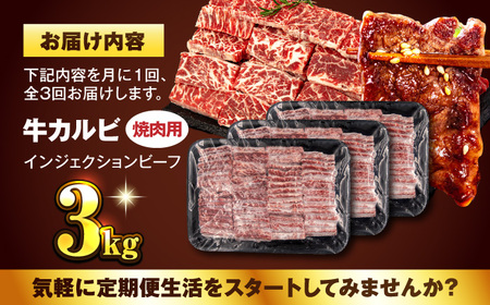 牛カルビ 3kg 定期便 3ヶ月 焼肉用 ギフト ジューシー やわらか 人気 冷凍 バーベキュー BBQ キャンプ アウトドア （インジェクション）