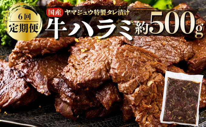 
            ヤマジュウの特製タレ漬け！牛ハラミ肉５００ｇ【６回定期便】 頒布会
          