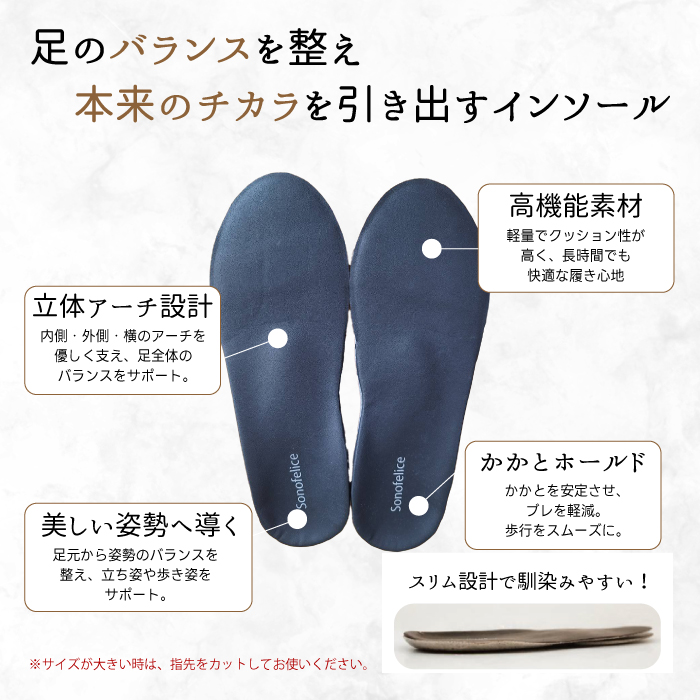 スニーカー用インソール（S）スニーカー 靴 中敷き 土踏まず 外反母趾 偏平足 腰痛 膝痛 O脚 浮指 ウオノメ レディース 広島県三原市 135006