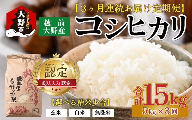 
【令和6年産】【3ヶ月定期便】越前大野産 エコファーマー認定農家栽培こしひかり 5kg × 3回 計15kg
