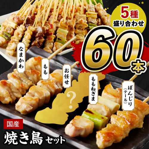 焼き鳥 60本 ／国産焼き鳥セット 5種盛り合わせ60本 バラエティ 焼き鳥 セット ＜もも串焼き鳥／ねぎま焼き鳥／かわ焼き鳥／ テール（ぼんじり焼き鳥）串焼き鳥・冷凍焼き鳥・焼き鳥詰め合わせ・焼き鳥小分け＞