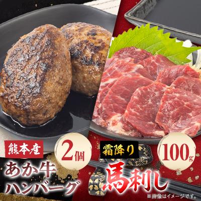 ふるさと納税 南阿蘇村 熊本県産　あか牛 ハンバーグ2個(150g×2個)・霜降馬刺し100gセット(南阿蘇村)