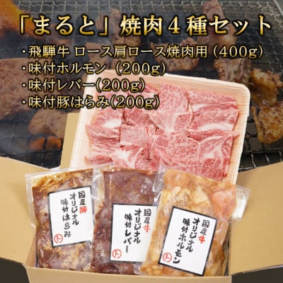 【飛騨牛】焼肉4種セットA−2　ロース・肩ロースと味付けホルモンなど　合計1kg【配送不可地域：離島】【1619780】