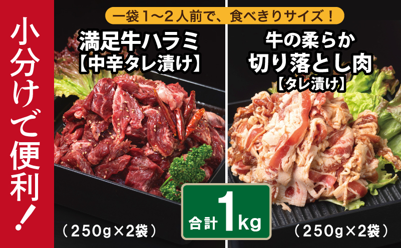 【タレ漬け牛肉2種セット】 満足牛ハラミ・牛肉切り落とし 合計1kg 【味付け ハラミ 小分け 焼くだけ 簡単調理 BBQ 牛肉 250g×各2P】 010B1726
