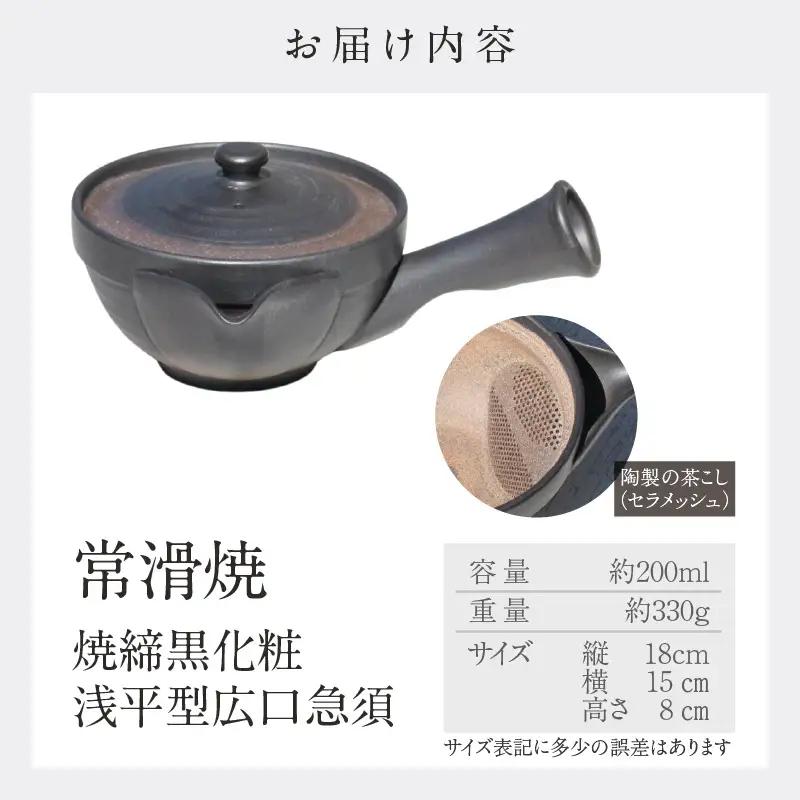 【お中元 外熨斗対応可能】常滑焼 焼締黒化粧 浅平型広口急須 楽捨て構造 セラメッシュ（陶製茶こし）