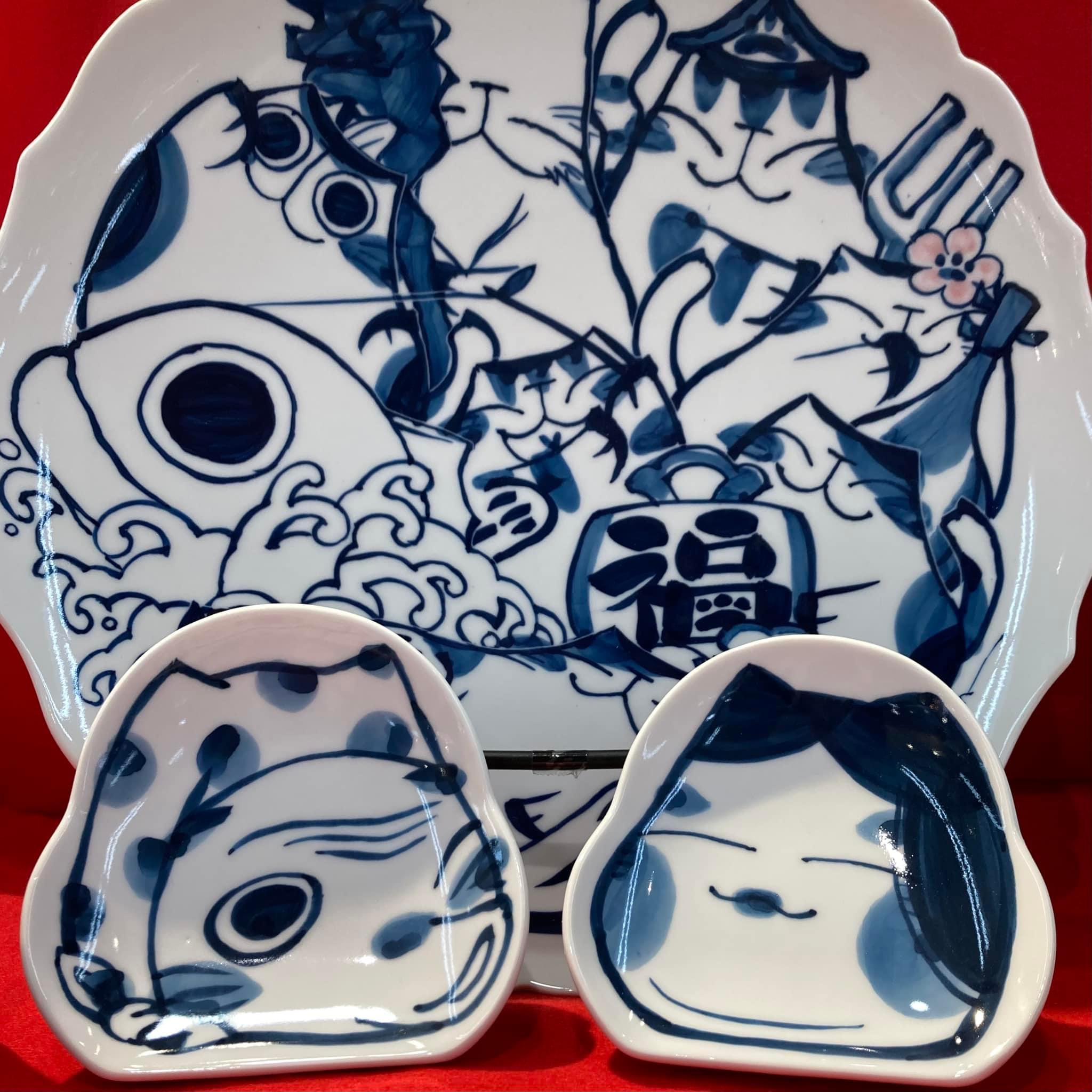 
有田焼ねこ作家まつながみさと とらんち ねこ おかめ ひょっとこ松型皿
