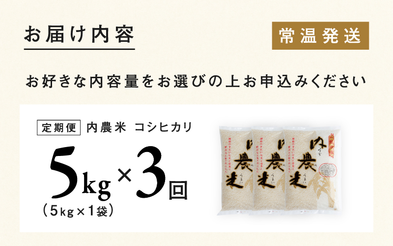 【3ヶ月連続お届け】令和6年産 内農米コシヒカリ定期便 5kg × 3回 計15kg