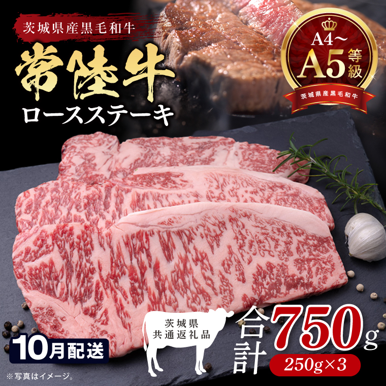 【2026年10月発送予定】最高級A4.A5ランク 常陸牛ロースステーキ750ｇ（250g×3）【人気肉 お肉 牛肉 和牛 黒毛和牛 国産黒毛和牛 ロース肉 ステーキ 国産牛 焼肉 焼き肉 バーベキュー BBQ A5 ブランド牛】(CR102-10)