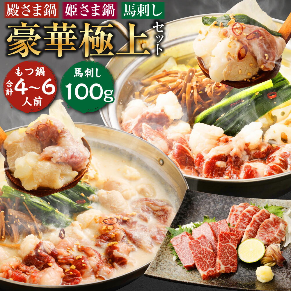 【ふるさと納税】特製味噌スープ「殿さま鍋」と美肌醬油スープ「姫さま鍋」のWセットと特選霜降り馬刺しの豪華極上詰め合わせセット 馬刺し 馬刺 特撰霜降り 味噌 醤油 コラーゲン 美肌 もつ鍋 馬肉 牛もつ 天草大王 熊本県産 冷凍 送料無料