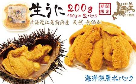 【令和7年発送予約】北海道 江差前浜産 生うに 200g（100g×2パック）【無添加・みょうばん不使用】江差産天然キタムラサキウニ　日本海熊石産海洋深層水　塩水ウニ　素材を生かした自然の味　国産うに　雲丹　100グラムパック個包装