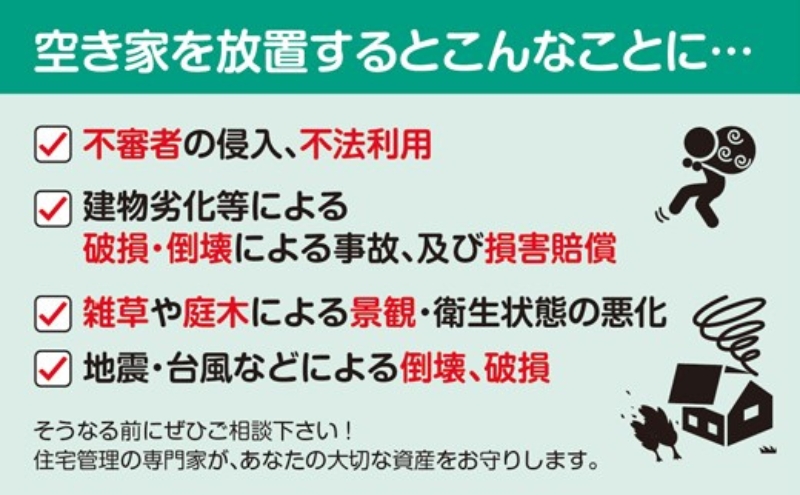 空き家の管理・見回り（屋外+室内）年間6回のしっかり巡回プラン 不動産コンサルティングマスター 古民家鑑定士 建築士 ホームインスペクター 建物外部目視点検 郵便受け・庭木の確認 管理看板の設置 全室