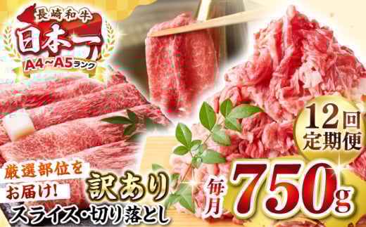 【全12回定期便】【訳あり】【A4〜A5ランク】 長崎和牛 しゃぶしゃぶ・すき焼きセット 750g《壱岐市》【株式会社MEAT PLUS】　肉 牛肉 黒毛和牛 鍋 冷凍配送 訳あり 切り落とし しゃぶしゃぶ用 すき焼用 A4 A5 [JGH106]