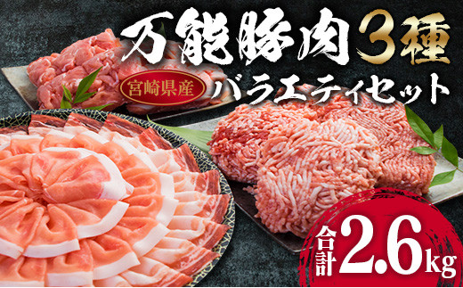 万能 豚肉 3種 バラエティ セット 合計2.6kg 国産 ポーク 食品 豚ロース 豚バラ 豚切り落とし 豚ミンチ ひき肉 豚肩 おかず お弁当 おつまみ 焼肉 しゃぶしゃぶ ハンバーグ 炒め物 小分け お祝 パーティー お取り寄せ 詰め合わせ 宮崎県 日南市 送料無料_BA70-23