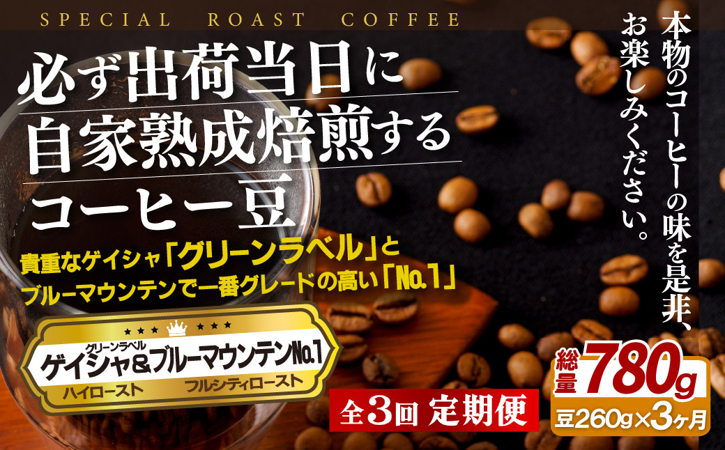 
E284z 【3回定期便】必ず出荷日に自家熟成焙煎ゲイシャ豆(160g)･ブルーマウンテン№.1豆(100g)
