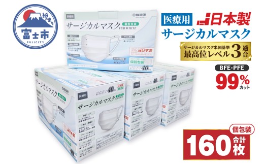 【生活応援】マスク 日本製 医療用サージカルマスク FUJI WHITE(個別包装) 4箱 160枚 使い捨て 不織布 個包装 3層構造 高性能 日用品 消耗品 生活用品 富士市 [sf001-092]