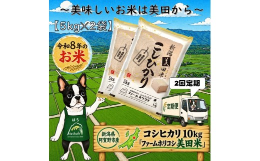 【令和8年産新米】【2か月定期便】阿賀野市産 コシヒカリ 「ファームホリコシ美田米」 10kg（5kg×2袋）×2回  白米 精米 新潟県 米 こめ コメ 10月上旬頃より発送開始予定 3H08048