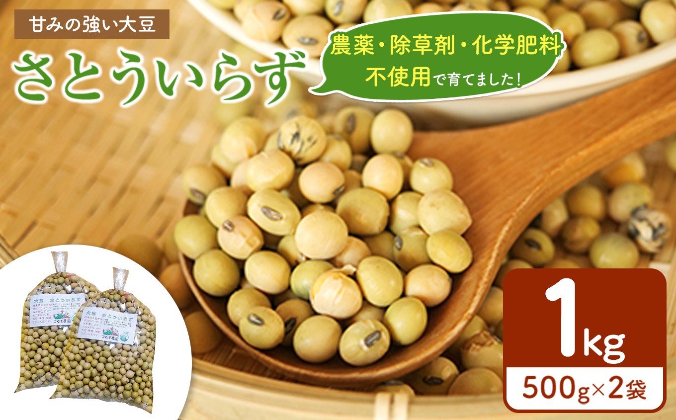 
            農薬・除草剤・化学肥料 不使用の農地で栽培・大豆さとういらず 500gx2袋 真岡市 栃木県 送料無料
          