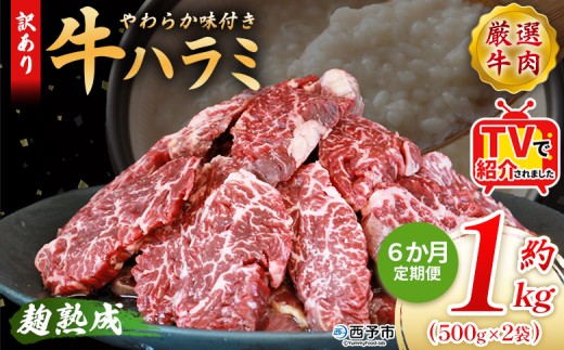 TVで紹介！＜麹熟成で旨み引き立つ！やわらか味付き 牛ハラミ 約1kg（500g×2） 6か月定期便＞ テレビ TV 訳あり はらみ ハラミ 赤身 大容量 牛肉 お肉 焼肉 BBQ 味付き 麹 コスパ 塩味 レシピ 丼 献立 惣菜 おかず 簡単 グルメ 株式会社丸和 愛媛県 西予市【冷凍】『入金確認後、お申込み月の翌月より配送を開始します』
