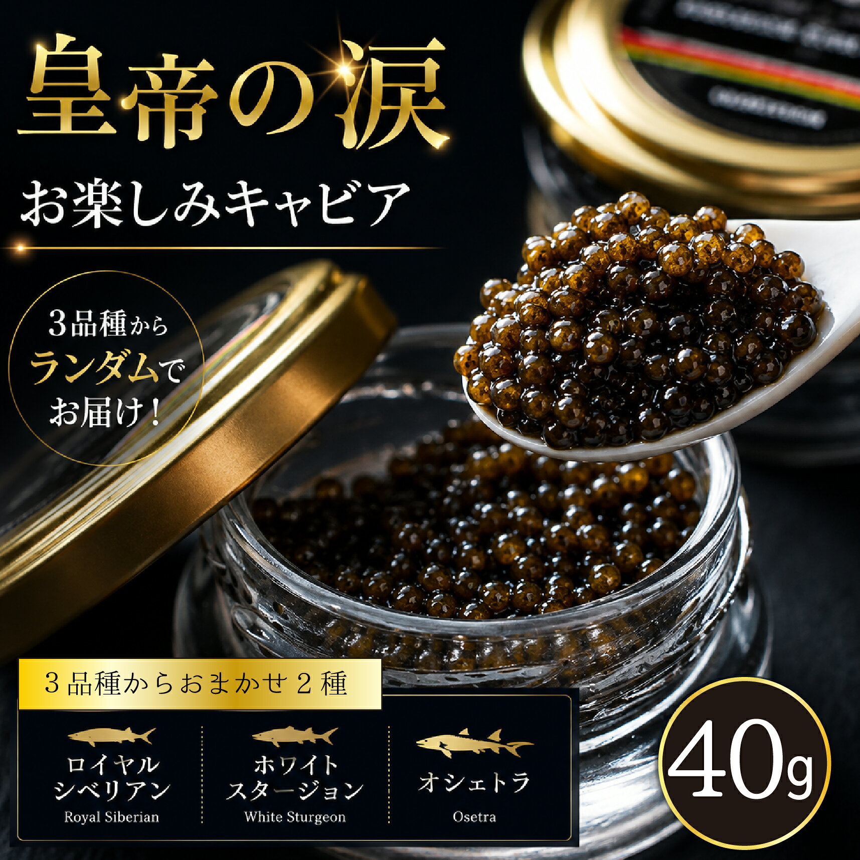 【ふるさと納税】【お試しキャビア】皇帝の涙 40g 3品種からランダムで2種（ロイヤルシベリアン,ホワイトスタージョン,オシェトラ）