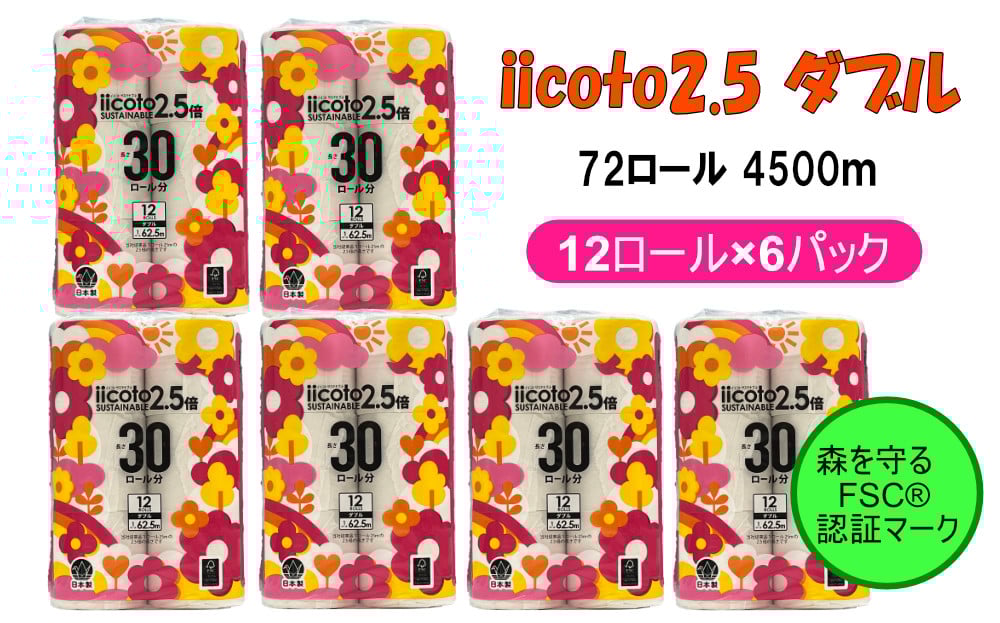 
            トイレットペーパー iicoto2.5 ダブル 72ロール 4500m(12ロール×6パック×62.5m)
          