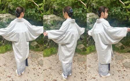 【テンセルライトグレー】つぼ袖羽織（フリーサイズ：着丈 約95cm／裄：約75cm／衿幅：約11cm／袖付：約53cm）