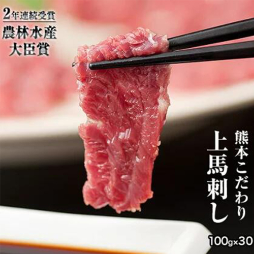 馬刺し 上赤身 ブロック 国産 熊本肥育 冷凍 生食用 たれ付き(10ml×30袋) 100g×30セット 肉 絶品 牛肉よりヘルシー 馬肉 小分け 平成27年28年 農林水産大臣賞受賞 熊本県長洲町《7月中旬-9月末頃出荷》