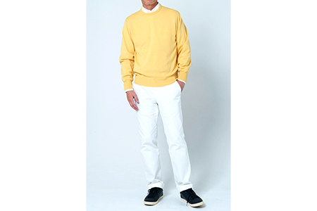 日本製 カシミヤ100% クルーネック 黄色 Mサイズ[2614]