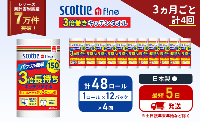 定期便 キッチンペーパー 12パック入 キッチンタオル スコッティ ファイン 1 ロール 3倍 150カット セット《3ヶ月ごと計4回》 ペーパータオル キッチン用品 節約 日用品 日用雑貨 備蓄 備蓄用 防災 災害 3倍巻き まとめ買い 宮城県 岩沼市