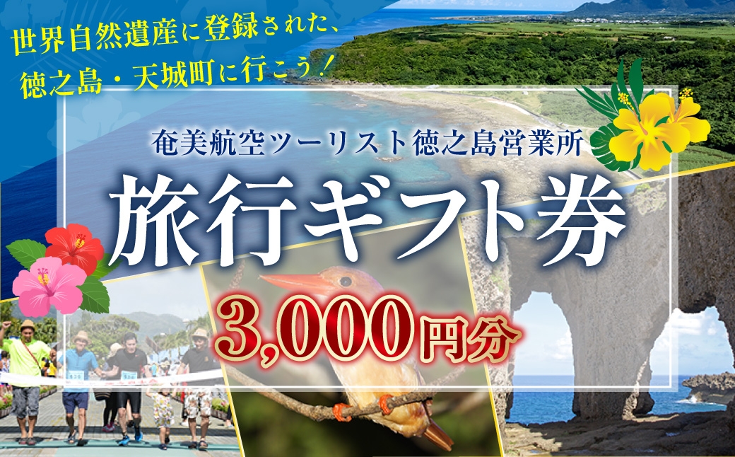 
                  旅行ギフト券 3,000円分 奄美航空ツーリスト 徳之島営業所 旅行クーポン 航空券 フェリー 徳之島 天城町 鹿児島 世界自然遺産 旅行 観光 クーポン
                