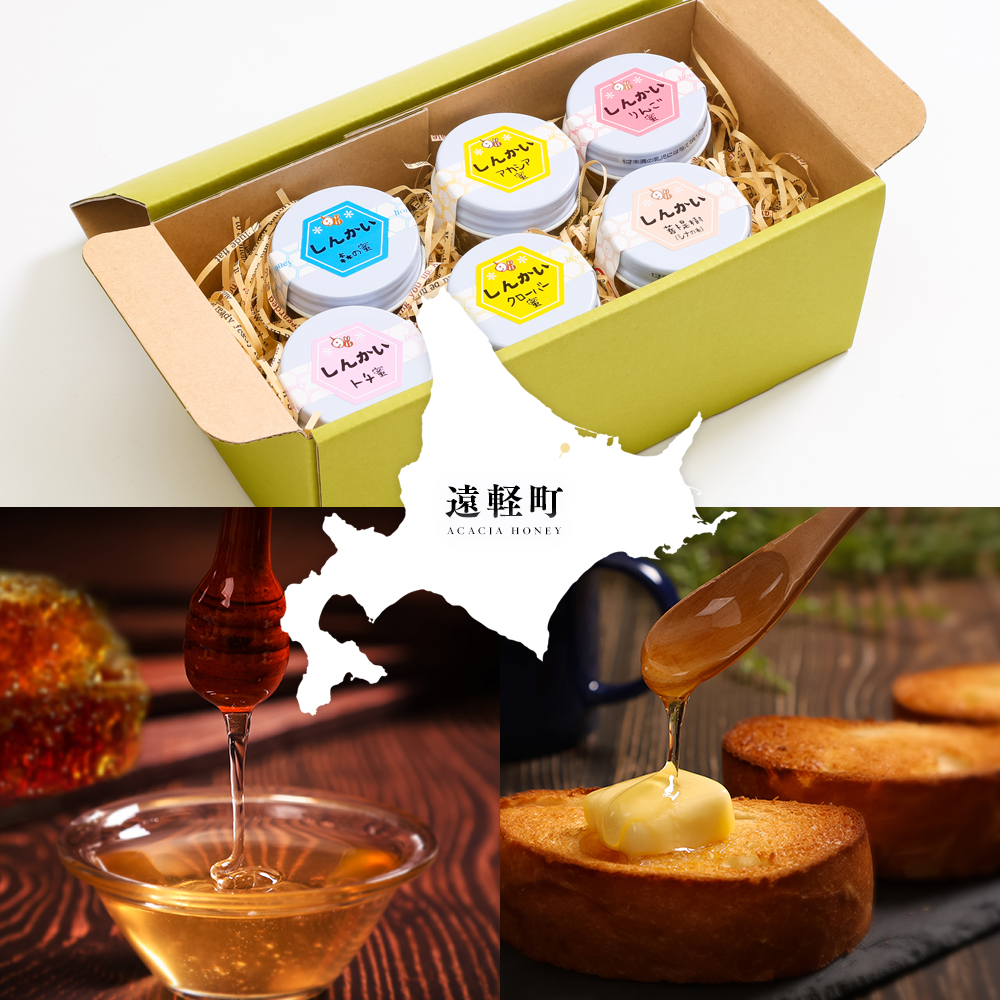 国産天然 しんかい蜂蜜おためしセット (40g×6本) ( ふるさと納税 はちみつ アカシア蜂蜜 クローバー蜂蜜 トチ蜂蜜 菩提樹(シナ)蜂蜜 りんご蜂蜜 森の蜜 国産 ハチミツ セット 北海道 遠軽