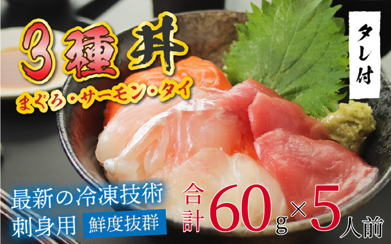 
【刺身用】海鮮丼の具3種盛り（マグロ・サーモン・タイ） 60g（タレ付） × 5人前 【最新の冷凍技術】[B-11015]

