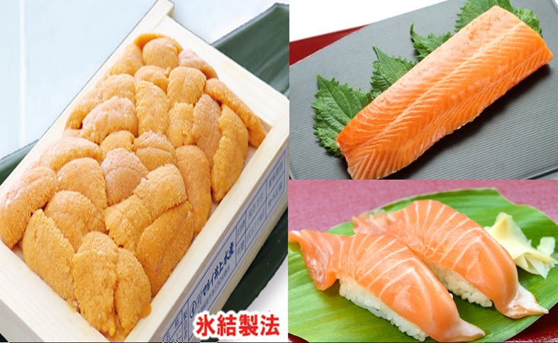 冷凍エゾバフンウニ約60～70g×1折(赤系)・お刺身サーモン300g～500g(1～3本)[11月中旬以降発送] B-71032