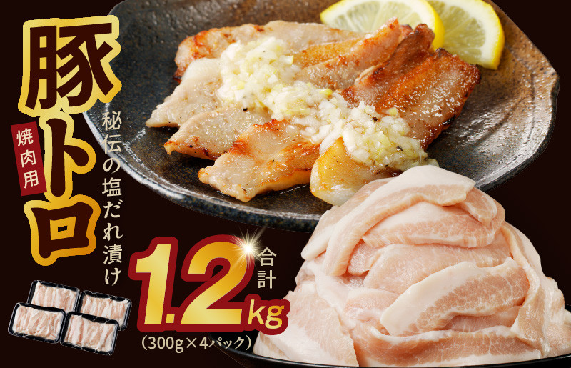 
            豚トロ 焼肉用 1.2kg 秘伝の塩だれ漬け【小分け 300g×4P 焼肉用 塩だれ 焼くだけ 小分け BBQ やきにく 数量限定】
          