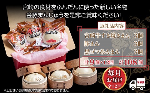 ふわふわもっちり皮・本格的な具材・包みまですべて手づくり。レンジでチンOK 【定期便 全12回お届け】金豚まんじゅうセット（宮崎牛すき焼きまん3個・自慢の豚まん3個・黒ゴマあんまん3個）_M166-T