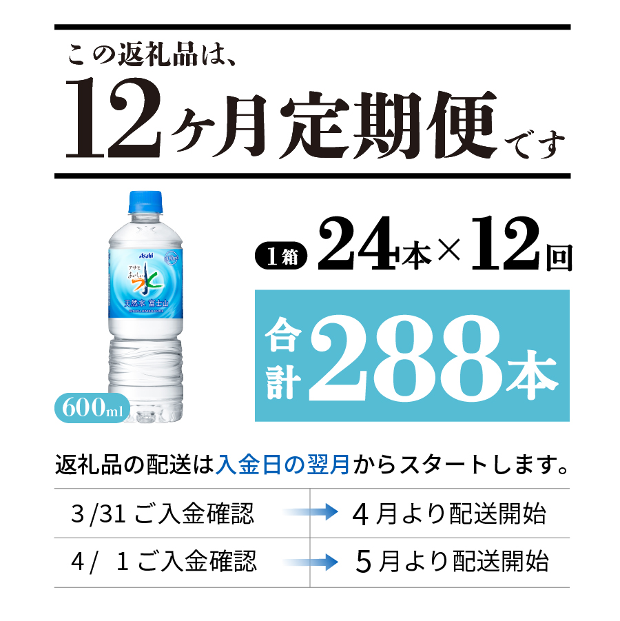 【12か月お届け】「アサヒおいしい水」天然水富士山 1箱(24本入）PET600ml