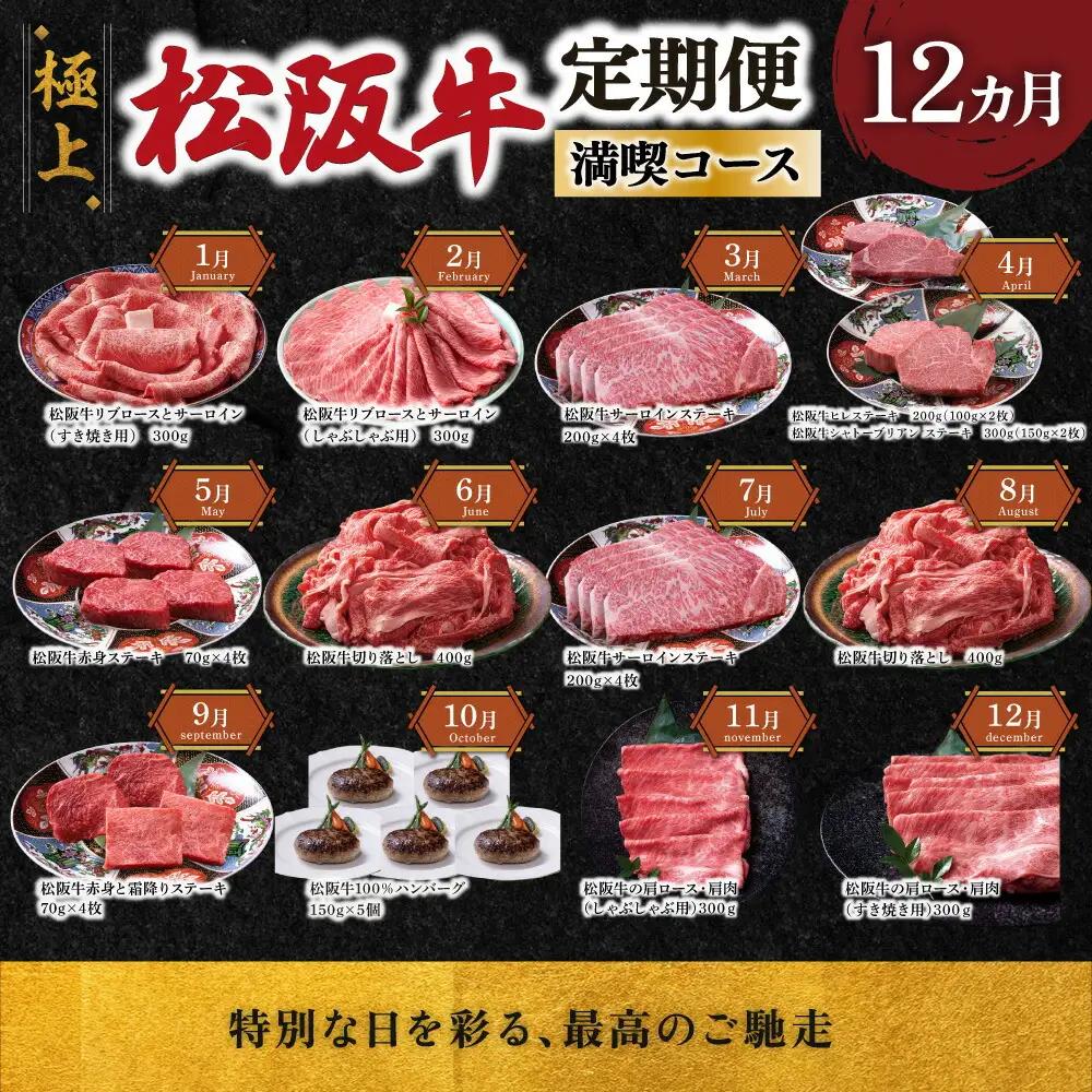 極上松阪牛 満喫コース (定期便 12か月) 全12回 牛追道中 US34【M1706】