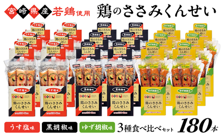 鶏のささみくんせい 3種食べ比べ 180本セット ＜うす塩・黒胡椒・ゆず胡椒 ＞ おつまみ スモーク チキン 燻製 ささみ燻製 鶏肉 おつまみセット 酒の肴 ビールのおとも 晩酌 家飲み 宅飲み 高たんぱく 低脂肪 ヘルシー おやつ 保存食 常温保存 父の日 敬老の日 贈り物【雲海物産】_A0114-143